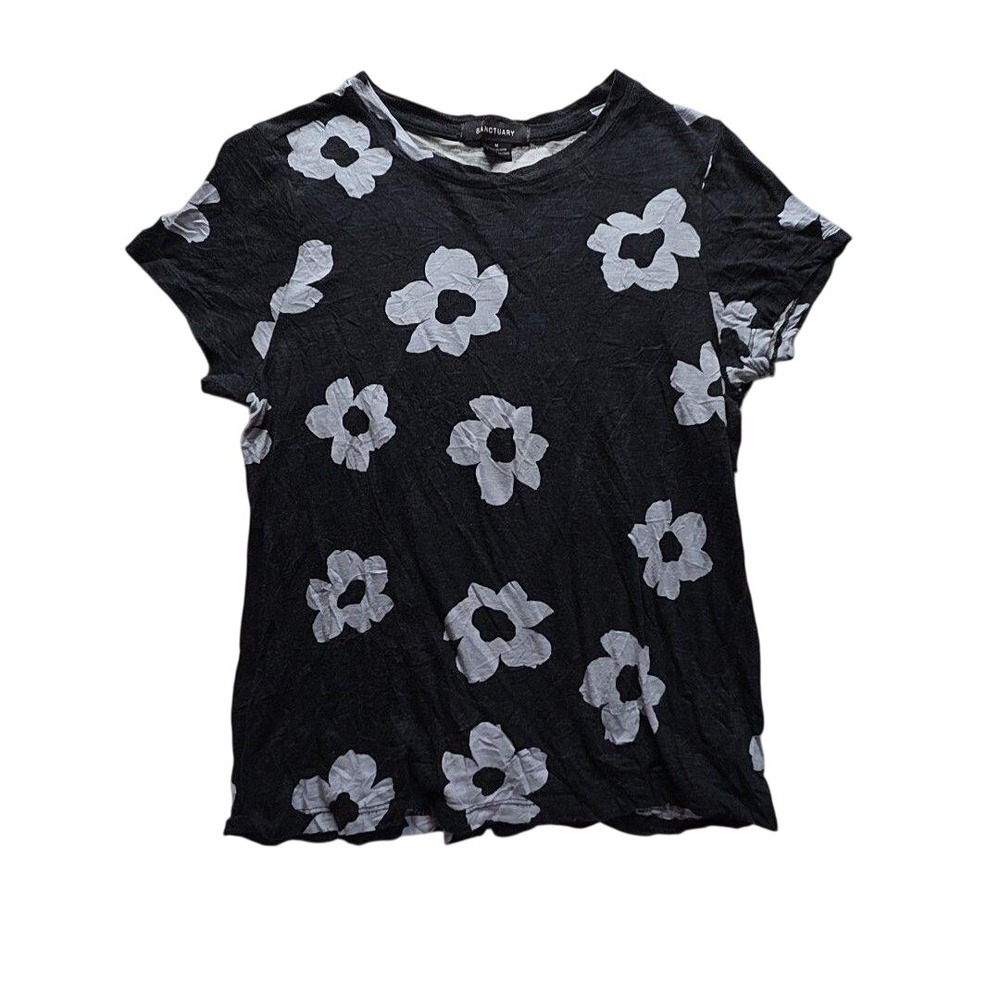 Sanctuary Shirt Womens M Black Crew Neck Short Sleeve Floral Print Top